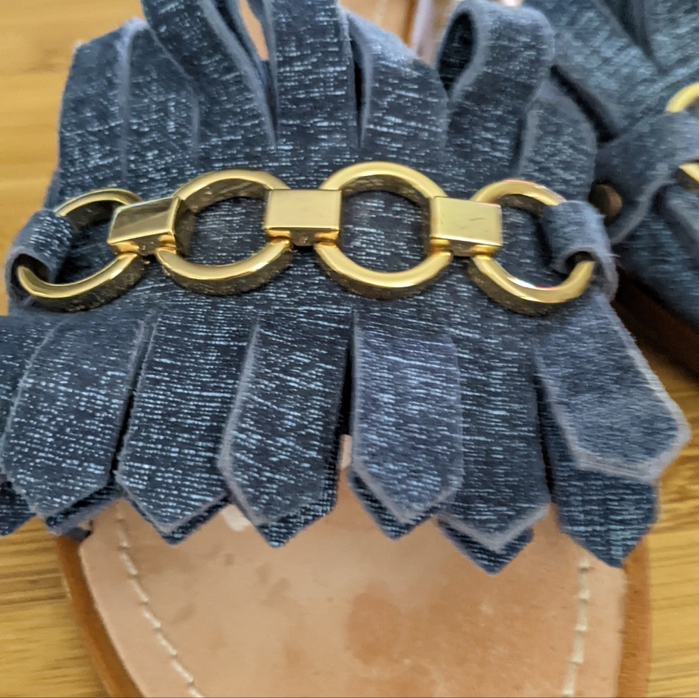 kate spade Denim Blue Fringe Slide Sandals with Gold Chain - Picture 3 of 14
